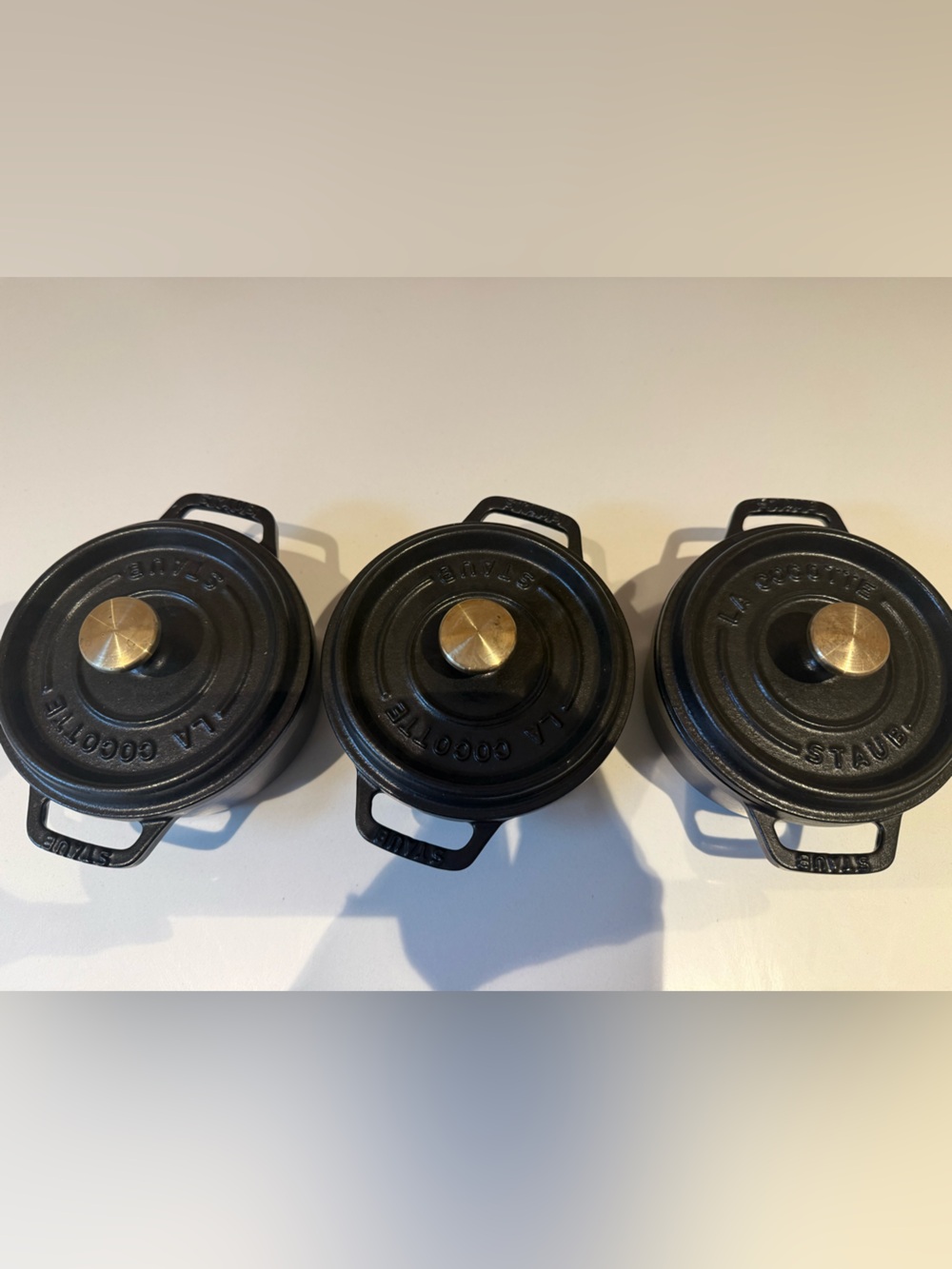 Staub Black Cast Iron Mini Cocottes with Brass Knobs - Set of 3